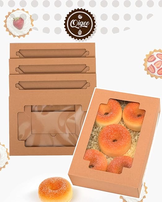 qiqee 50Packs Auto-pop up Kraft Cookie Boxes for Gift Giving 8x5.3x2 inch Brown Treat Box with Window One Second Folding Bakery Box for Donuts Candies and Biscuit