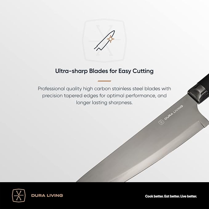 Santoku Knife - 7 Inch Black Nonstick Titanium Plated Stainless Steel Ultra Sharp Blade, With Ergonomic Comfort Grip Handle Asian Chef's Knife, With Matching Sheath
