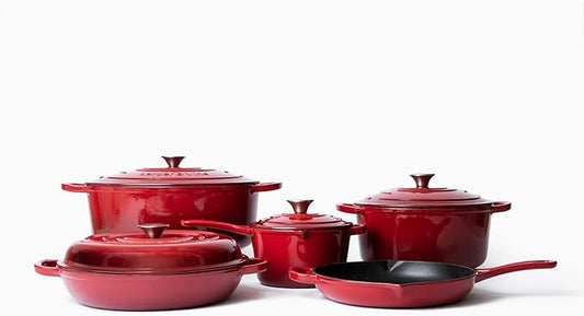 Larder & Vine 9 Piece Enameled Cast Iron Cookware Set, Oven Safe and Compatible with all Cooktops – includes 3.6 Qt Braiser, 5.7 QT and 8 QT Dutch Ovens, 10.25in Skillet and 2.2 QT Saucepan (Cabernet)