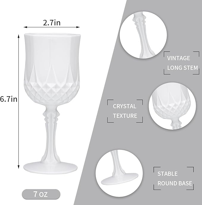JLYLOL Plastic Vintage Wine Glasses 7OZ Plastic Goblets Vintage Drinking Glasses 12PCS Retro Wedding Glassware Water Goblets Reusable Drinking Cups for Party,Reception,Celebration,Bar,Whiskey(White)