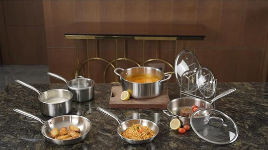 10-Piece Tri-Ply Stainless Steel Cookware Set - Induction-Ready, Glass Lids,Pots and Pans Kitchen Set, Riveted Handles, Dishwasher Safe, Compatible with All Cooktops