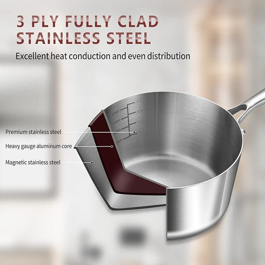 LOLYKITCh Tri-Ply 3 QT Stainless Steel Saucepan with Lid,Dia.20CM Induction Cooking Sauce Pot,Oven & Dishwasher Safe,Detachable Handle.