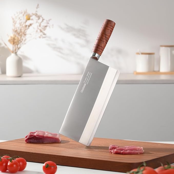 Chinese Cleaver Knife 8 Inch Professional Meat Cleaver Chefs Knife 90Cr18MoV Clad Steel Vegetable Knife Non-stick Rosewood Handle for Homes Restaurants Caidao