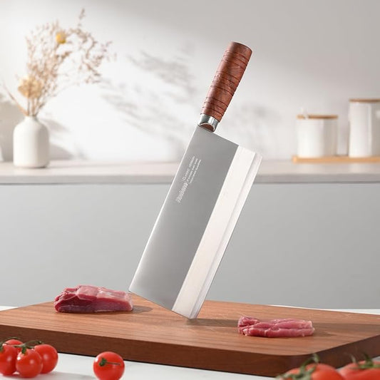 Chinese Cleaver Knife 8 Inch Professional Meat Cleaver Chefs Knife 90Cr18MoV Clad Steel Vegetable Knife Non-stick Rosewood Handle for Homes Restaurants Caidao
