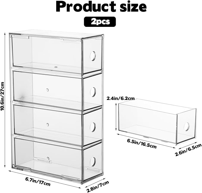 Rainmae 2 Pieces Acrylic Sunglass Organizer, Clear Eyeglasses Case with 4 Drawers for Women Stackable Eyewear Storage Display Case Clear Eyeglass Holder Multiple Pair for Glasses Jewelry Watch Storage