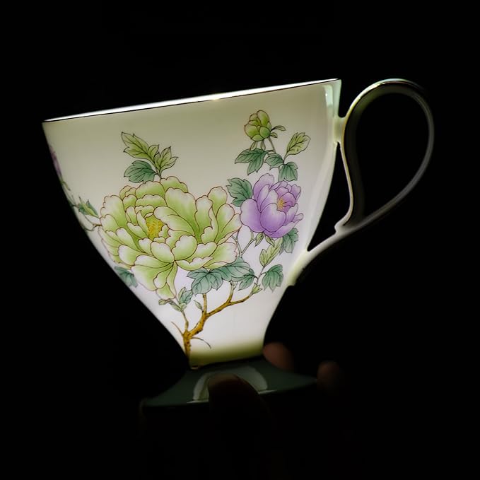 KAMMAK Ceramic Tea Cup and Saucer Set with Gold Trim, 240ml Floral Pattern Elegant Bone China Coffee Cup Set with Purple & Mint Green Saucers for Afternoon Tea, Gift for Women
