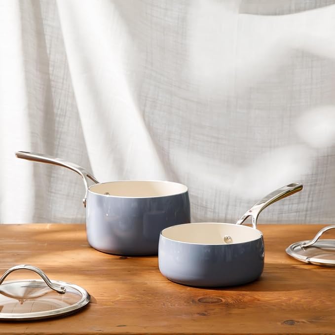 Bloomhouse 12 Piece Aluminum Pots and Pans Cookware Set w/Non-toxic Ceramic Non-stick, Ceramic Steamer Insert, & 12 Protective Care Bags - Periwinkle Blue