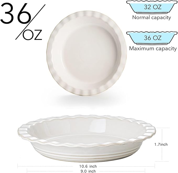 Ceramic Pie Pans for Baking 9 inch, 45 OZ Deep Dish Pie Pan, Quiche Baking Dish for Oven, Farmhouse Decor Pie Plate, Oven Safe, Set of 1, Off-White