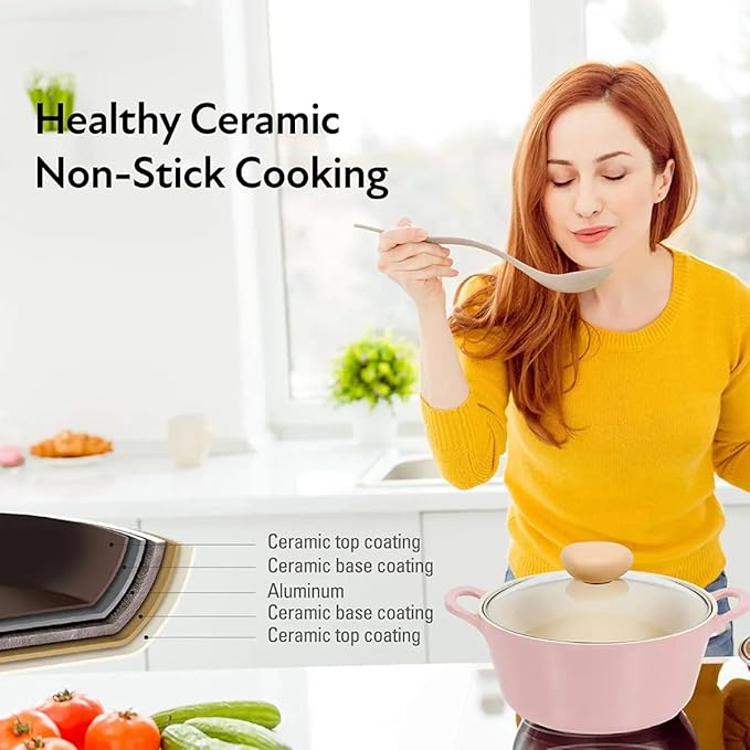 Neoflam Retro 3QT Stockpot with Lid – 8.7" (22cm) Nonstick Ceramic Coated Casserole, Saute Pot, Dutch Oven with Silicone Handle Holder, Dishwasher Safe, Elegant Kitchen Cookware, Made in Korea