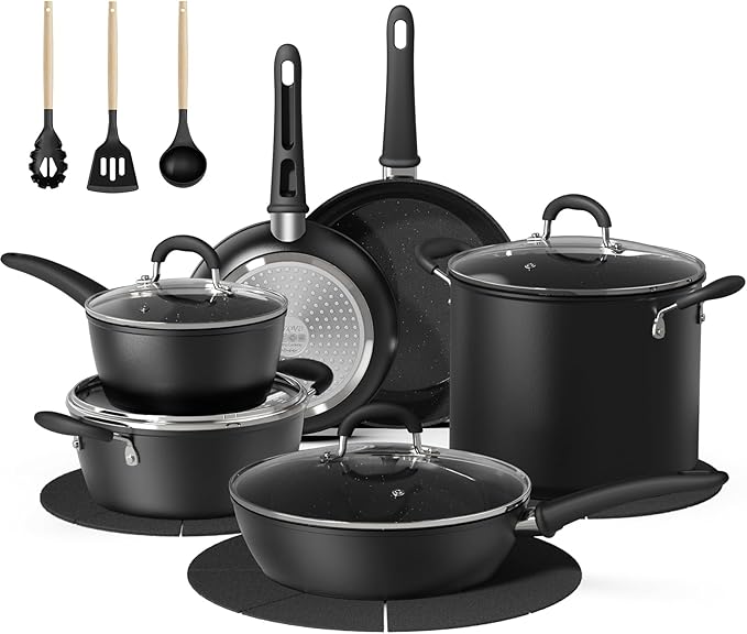 18 Pcs Pots and Pans Set Non Stick with 12-Quart Stock Pot, Nonstick Kitchen Cookware Sets with Utensils, Large Capacity Ceramic Cookware Set, PTFE/PFAS/PFOA Free, Black