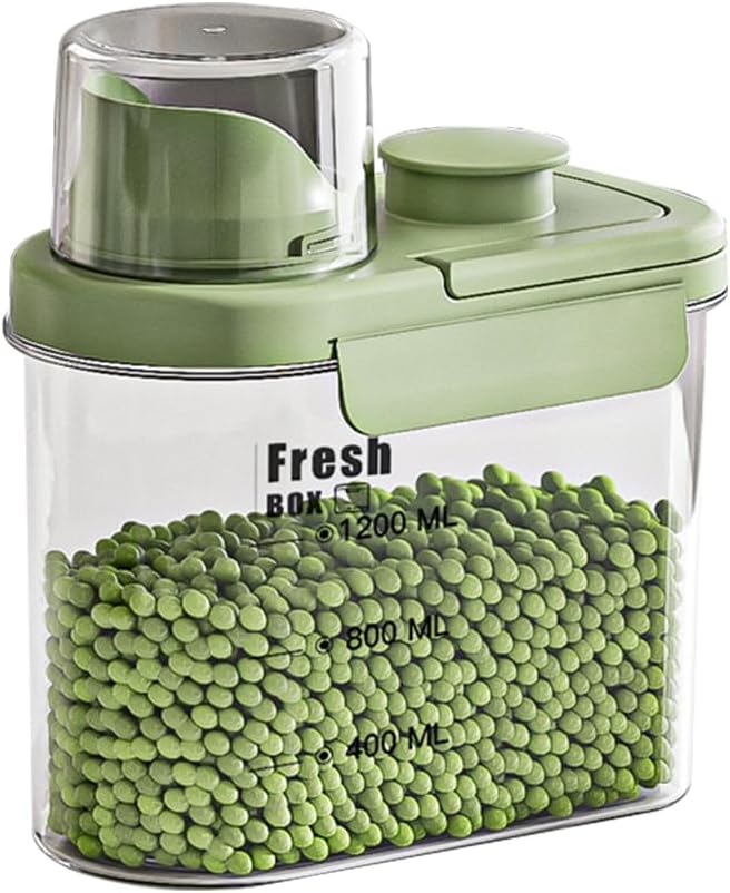 Airtight Rice Storage Container,with Pour Spout & Measuring Cup, BPA-Free - Transparent Dry Food Canister for Cereal, Flour, Pet Food, Oatmeal, Pantry Storage (Light Grass Green, 1600ml)
