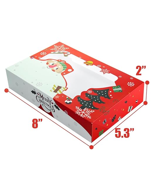 qiqee Christmas Cookie Boxes for Gift Giving 8x5.3x2 inch 50Packs Christmas Bakery Box with Window Treat Box for Donuts Candies and Biscuit