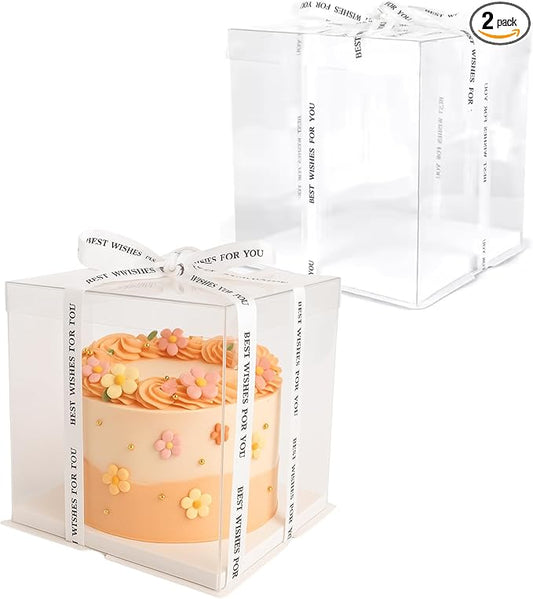 Sweet Degrees Clear Plastic Cake Boxes 10"x10"x12" – 2 Pack | Ribbon Included |Tall Square Cake Containers with Lids | Reusable Dessert Boxes for Birthday Cakes, Storage & Delivery