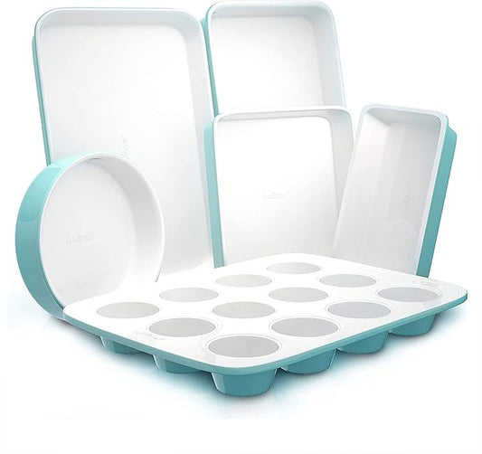 NutriChef 6-Piece Baking Pan Set, Carbon Steel Bakeware with Premium Ceramic Nonstick Coating, Includes 12-Cup Muffin Pan, Cake & Loaf Pan, Wide Bake Pan, & Cookie Sheet - Turquoise
