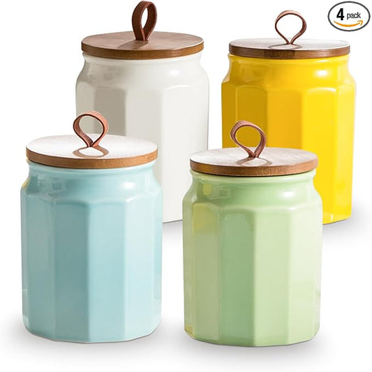 Ceramic Canister Sets for Kitchen Counter, 4-Piece Food Airtight Storage Jars for with Wood Lid, Storage Container for Coffee, Flour, Tea, Candy, Cookie, Spice