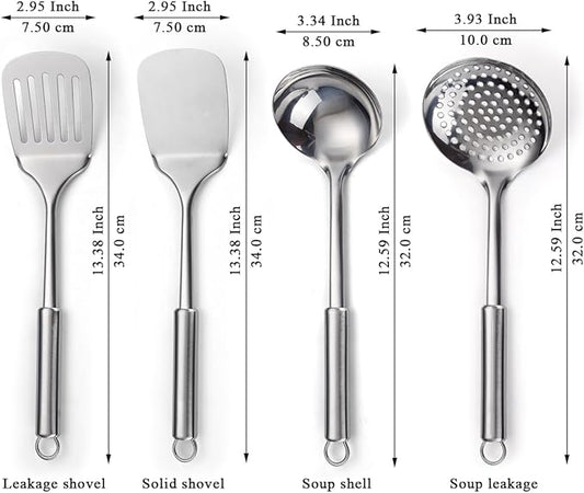 Stainless Steel Cooking Utensils Set 4 Pieces, Kitchen Tools Set Include Metal Spatula Set, Kitchen Skimmer, Soup Ladle, Kitchen Gadgets Essentials New Home Must Have