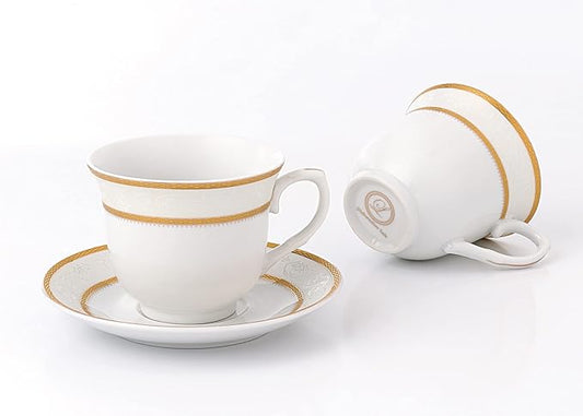 World Gifts Elegant Durable and Colorful Porcelain Tea-Coffee Cups and Saucers Set - Gold, 8 oz. Set of 4
