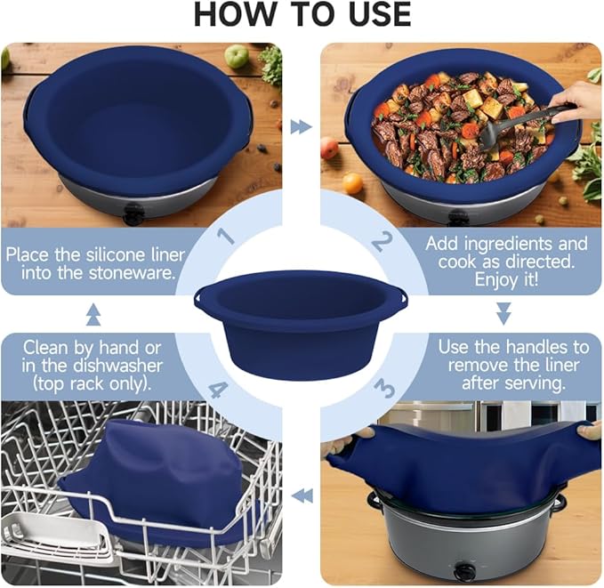 ChefAid Slow Cooker Liners, 100% Silicone Reusable Crock Pot Insert Accessories for 6-8 Oval or Round Quart Slow Cookers, Food Safe & Dishwasher Safe (NavyBlue-GrayishBlue)