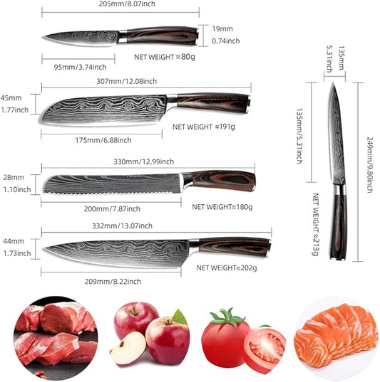 5PCS Kitchen Knife Set, Professional Japanese Chef Knives with High Carbon Stainless Steel Ultra, Sharp Aikido Knives with Ergonomic Color Wooden Handle for Cooking Meat, Fruits, Vegetables