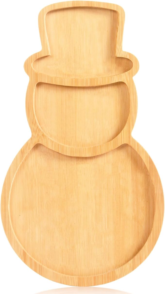 AWIZOM Snowman Wooden Serving Tray Christmas Bamboo Platter Winter Snowman Shape Charcuterie Board Decorative Wood Snack Dish Plate for Xmas Holiday Housewarming Present,14.17x8.15x0.59 Inch