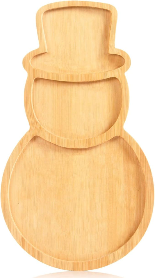 AWIZOM Snowman Wooden Serving Tray Christmas Bamboo Platter Winter Snowman Shape Charcuterie Board Decorative Wood Snack Dish Plate for Xmas Holiday Housewarming Present,14.17x8.15x0.59 Inch