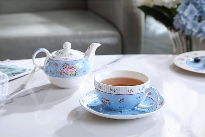 London Boutique Tea for One Teapot Cup saucer Set Vintage Flora Rose New Bone China Gift Box (Rose Blue)