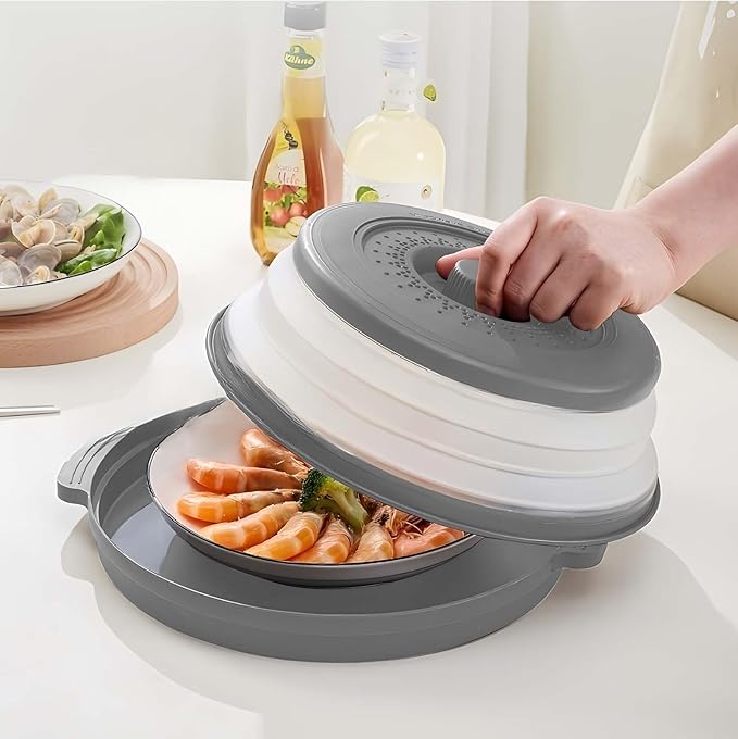 Microwave Splatter Cover for Food with Anti-scald Base Plate,Large Plastic & Silicone Vented Avoid Scalding Collapsible Guard Lid, Plate Holder & Kitchen Colander for Meal Prep-10.7 Inch (gray)