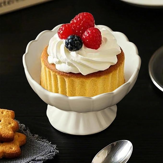 Ceramic Bowl Set of 4 Footed Dessert Bowls with Spoon, Elegant Trifle Bowl with Pedestal for Candy, Salad, Fruit, Tiramisu, Party Serving Punch Bowls