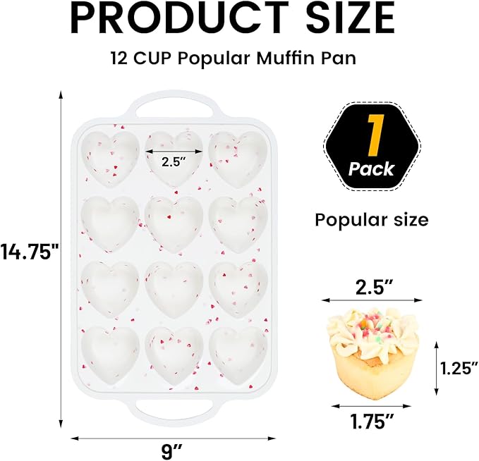 Vinino Silicone Heart Shaped Muffin Pan with Metal Reinforced Frame, 1 Pack Cupcake Pan, Silicone Heart Mold for Baking, Chocolate Bar and Egg Bites, Dishwasher Safe