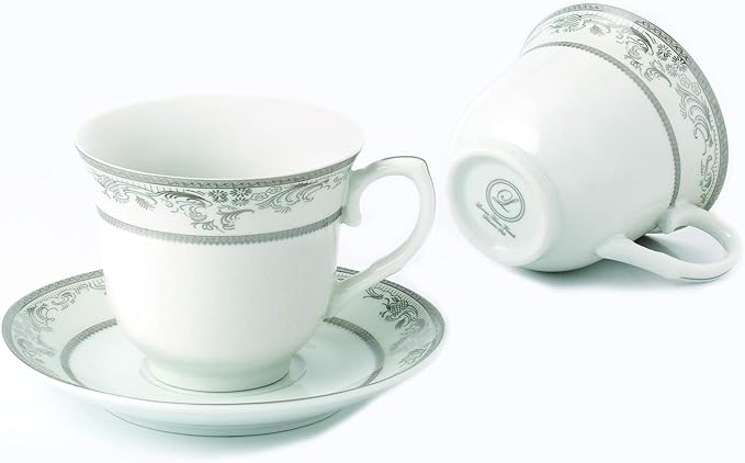 World Gifts Elegant Durable and Colorful Porcelain Tea-Coffee Cups and Saucers Set - Silver Floral, 8 oz. Set of 4