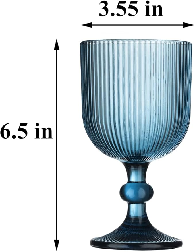 Blue Vintage Wine Glasses Set of 6, 11 Ounces Colored Glass Water Goblets, Unique Embossed Pattern High Clear Stemmed Glassware Wedding Party Bar Glass Drinking Cups Fancy Glasses Vertical Line