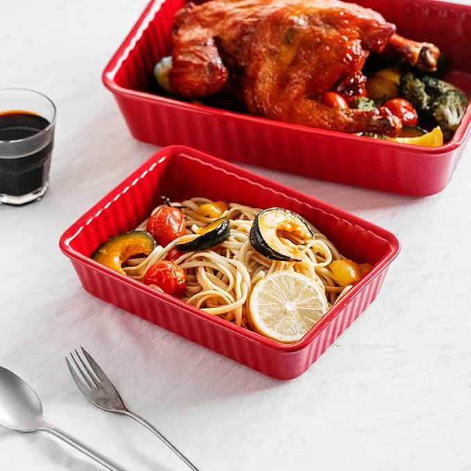 Ceramics baking dish set of 2, Rectangular Baking Dish, Lasagna Pans for Cooking, Kitchen, Cake,Dinner, Banquet and Daily Use, 12x 8 Inch & 8.95 x 6 inch of Casserole Dishes (Red)