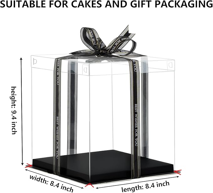8x8x9Inch Clear Cake Box 8Pcs Tall Cake Box Clear Cake Boxes Treat Boxes Cake Transport Container Tall Cake Carrier Cake Carriers for Transport CLEAR Gift Box Display Case cajas para pasteles Black