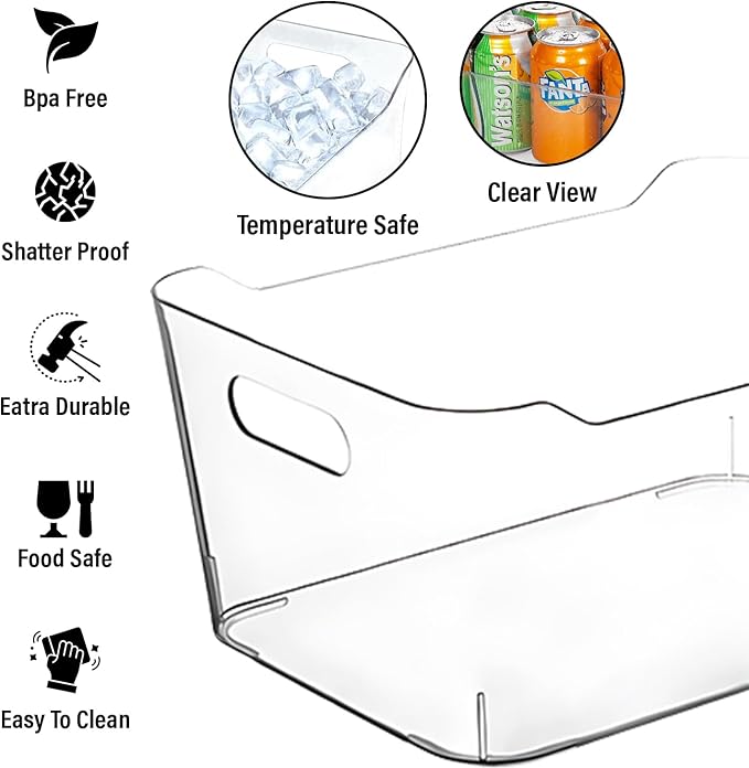 Clear Plastic Storage Bins, Perfect for Kitchen Organization or Pantry Organization and Storage, Medium Fridge Organizer Plastic Bins, Pantry Organization and Storage Bins, Cabinet Organizers
