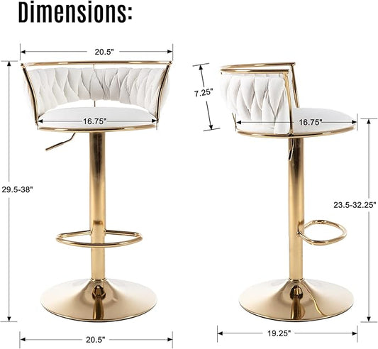 LukeAlon Modern Velvet Adjustable Barstools Set of 2, 360° Swivel Counter Stools with Golden Base Upholstered Open Back Tall Bar Chairs with Footrest for Home Pub Kitchen, White