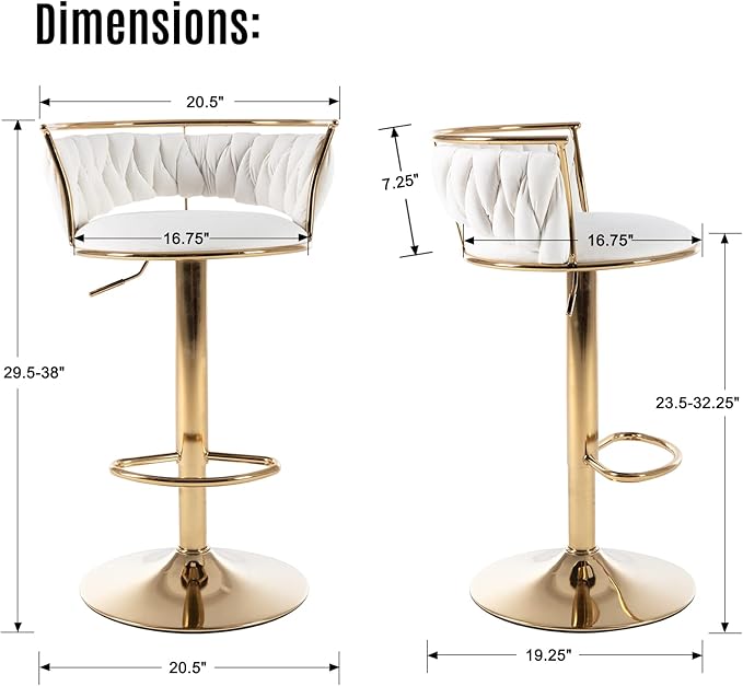 LukeAlon Modern Velvet Adjustable Barstools Set of 4, 360° Swivel Counter Stools with Golden Base Upholstered Open Back Tall Bar Chairs with Footrest for Home Pub Kitchen, White