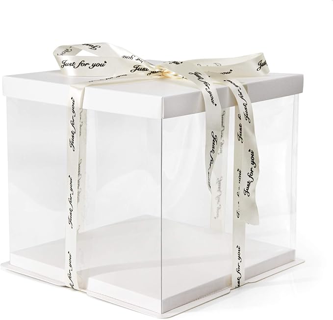 Clear Cake Box, 2-Pack Cake Carrier Container 10" X 10" X 9" with Ribbon Transparent Boxes with Lid Gift Package for Birthday Wedding Party, White
