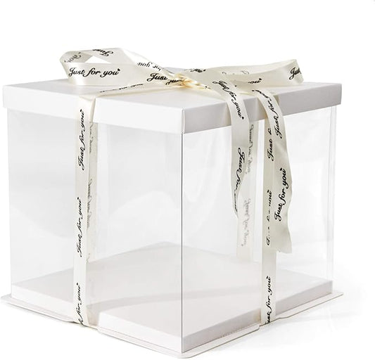 Clear Cake Box, 2-Pack Cake Carrier Container 10" X 10" X 9" with Ribbon Transparent Boxes with Lid Gift Package for Birthday Wedding Party, White