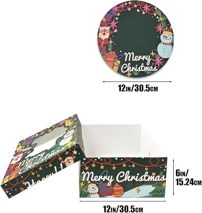 qiqee Christmas 12x12x6 Cake Box, 4Sets Christmas Cake Box with Window ＆ 4Sets 12 Inch Christmas Snow Man Cake Round Boards, 12inch Cake Containers