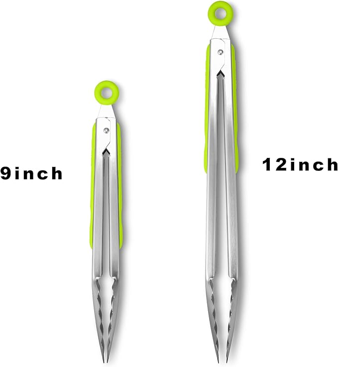304 Stainless Steel Kitchen Cooking Tongs, 9" and 12" Set of 2 Sturdy Grilling Barbeque Brushed Locking Food Tongs with Ergonomic Grip, Green