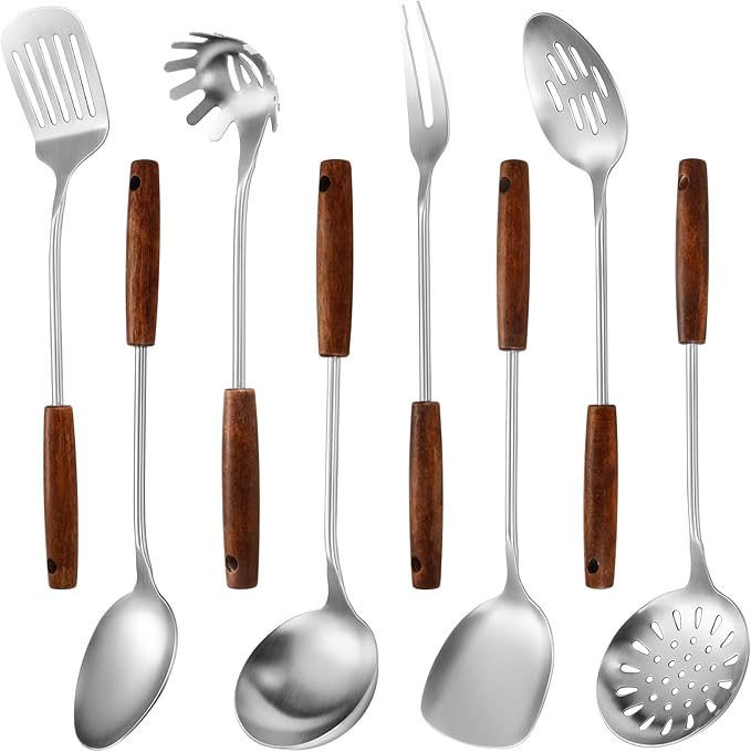 304 Stainless Steel Kitchen Utensils Set, 8 Pcs Long Cooking Utensils Set with Wooden Handle, Large Heat Resistant Kitchen Tools(Dishwasher Safe)