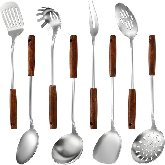 304 Stainless Steel Kitchen Utensils Set, 8 Pcs Long Cooking Utensils Set with Wooden Handle, Large Heat Resistant Kitchen Tools(Dishwasher Safe)