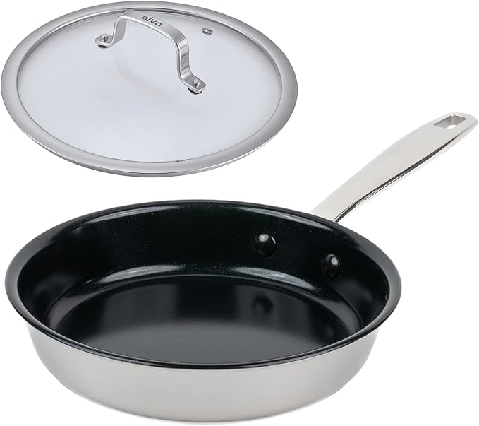 Alva Maestro Nonstick Stainless Steel Frying Pan 9.5″ – Oven‑Safe, Induction & All‑Stove Compatible, Made with No PFAS/PFOA/PTFE, Even‑Heat Tech, Glass Lid Included