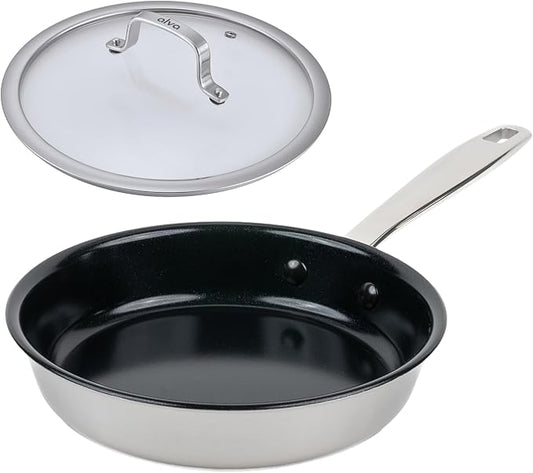Alva Maestro Nonstick Stainless Steel Frying Pan 9.5″ – Oven‑Safe, Induction & All‑Stove Compatible, Made with No PFAS/PFOA/PTFE, Even‑Heat Tech, Glass Lid Included