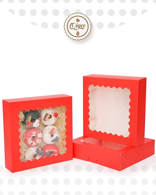 qiqee Auto-pop up Red Pie Boxes with Window 10x10x2.5 inch 30Packs Cookie Donut Bakery Box