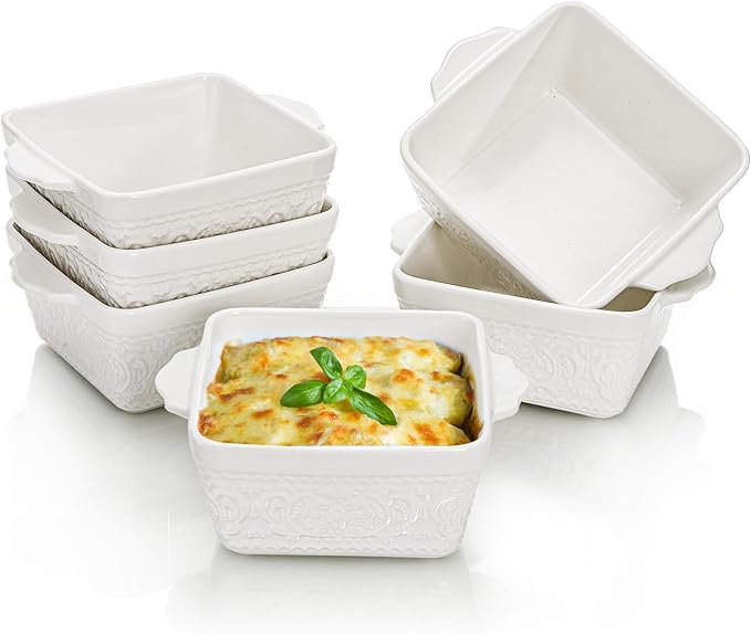 6 Pack 13 OZ Ceramic Baking Dishes, 4.5" Mini Square Bakeware Set, Small Baking Pan with Handle, Individual Casserole Dish for Oven, Roasting, Lasagna, Pie, Gratin, Microwave Safe, White