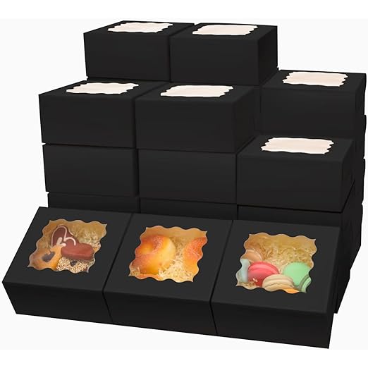 Bakepacker Black Bakery Boxes with Window 6x6x3 inches Thick & Sturdy Macaroon Pastry Boxes Cookie Boxes for Bakerys（60-Packs）