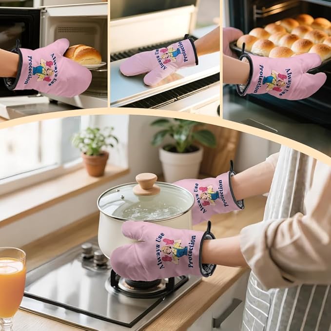 Always Use Protection Oven Mitts and Pot Holders Sets, Funny Retro Kitchen Oven Mitts for Baker, Housewarming Gifts for Foodies Housewives Baker Lover, Hostess Gifts for Mom, Baking Present