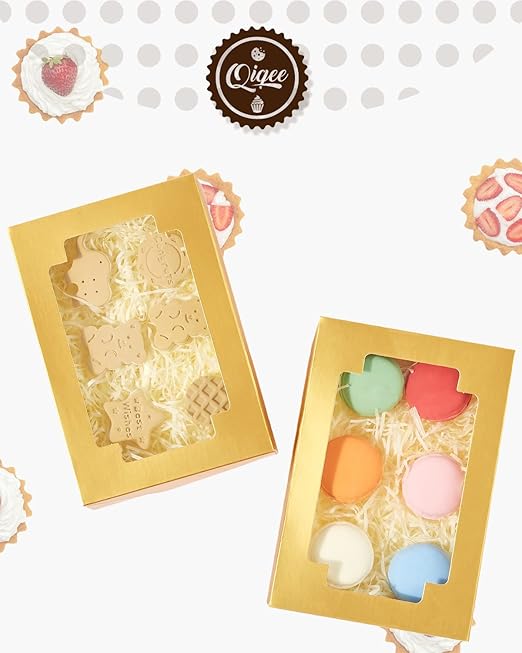 qiqee Cookie Boxes for Gift Giving 8x5.3x2 inch 24Packs Gold Treat Box with Window Bakery Box for Donuts Candies and Biscuit
