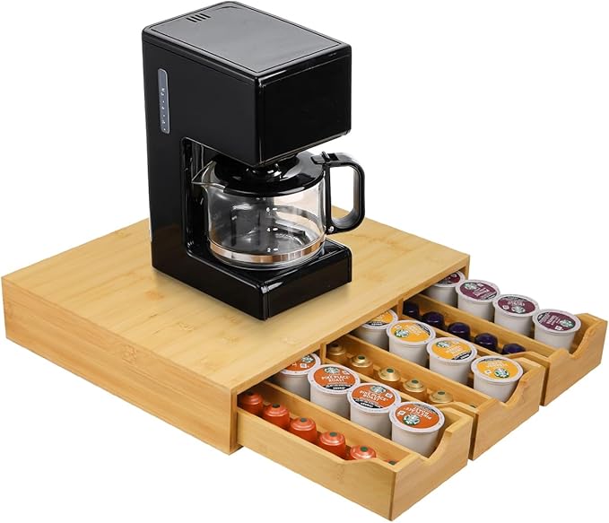 Bamboo Coffee Pod Drawer，K Cup Organizer for Counter, Coffee Pod Holder Holds Up 36 K Cups or 54 Originalline Pods, Tea Bag Storage Organizer for Kitchen Counter Office with 3 Drawers